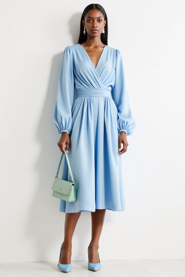 Blue V-Neck A Line Long Sleeves Work Dress